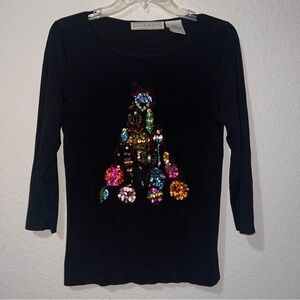 Vintage Lucia Burns Black Long Sleeve Top with Multicolored Embellishments
